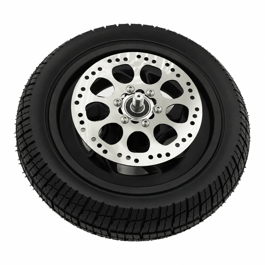Front wheel assembly, with brake disc, block tread